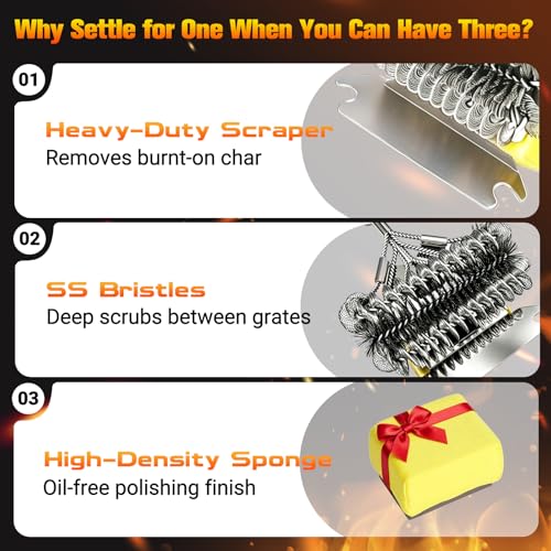 3-in-1 Bristle-Free Grill Brush & Scraper with Safety Sponge, 18" Detachable Long Handle BBQ Cleaner for Heavy Duty Grime, Summer BBQ & Outdoor Party Essential (Black) - color: Black