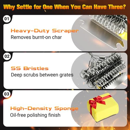 3-in-1 Bristle-Free Grill Brush & Scraper with Safety Sponge, 18" Detachable Long Handle BBQ Cleaner for Heavy Duty Grime, Summer BBQ & Outdoor Party Essential (Black) - color: Black