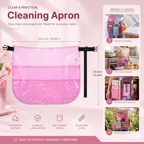 Clear Cleaning Apron with 5 Pockets and Adjustable Belt, Waterproof Caddy Aprons for Gardening Work of House Hotel - color: Pink