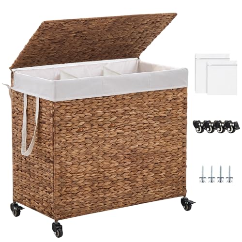 3-Section Laundry Hamper with Lid, Large Capacity Woven Natural Water Hyacinth Laundry Sorter with Removable Liners, Rolling or Non-Slip Design for Bedroom (Espresso, 155L) - color: Espresso, size: 3-Section