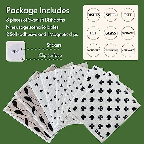 Eulnars Reusable Paper Towels, 8-Pack Swedish Dishcloths for Kitchen with 3 Clips, Black White, Cotton, 200 Washes - color: Black White