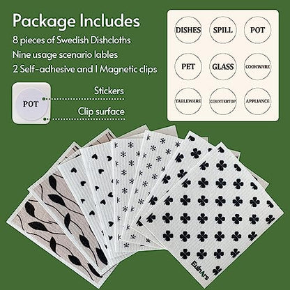 Eulnars Reusable Paper Towels, 8-Pack Swedish Dishcloths for Kitchen with 3 Clips, Black White, Cotton, 200 Washes - color: Black White