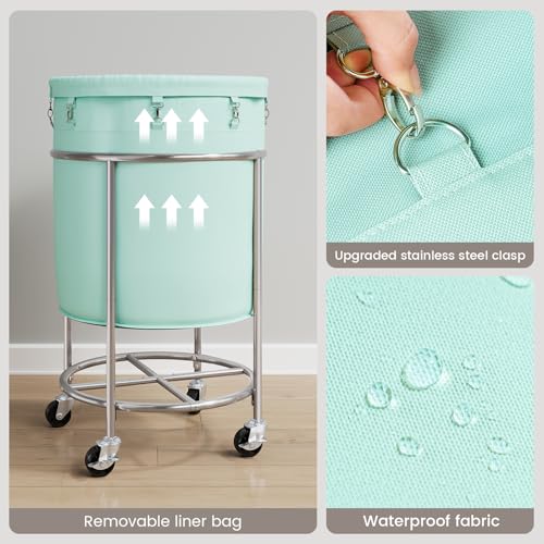ELYKEN Laundry Basket with Wheels, Round Rolling Laundry Hamper, Mint Green - color: Mint Green, size: 190L
