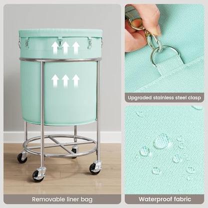 ELYKEN Laundry Basket with Wheels, Round Rolling Laundry Hamper, Mint Green - color: Mint Green, size: 190L