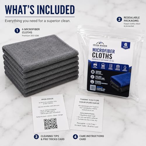 Iron Ridge Microfiber Cleaning Cloths 6-Pack, Gray, 12x12, 300 GSM - color: Gray
