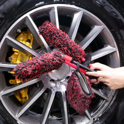 oesee Professional 4 Pack Long Handle Wheel Brush Kit for Cleaning Wheel and Tire- 2X Soft Wheel Cleaning Brush, Detailing Brush and Stiff Tire Brush, Bendable& Durable Wheel Rim Cleaner Brush Set - size: 5 Pack (Red & Black)