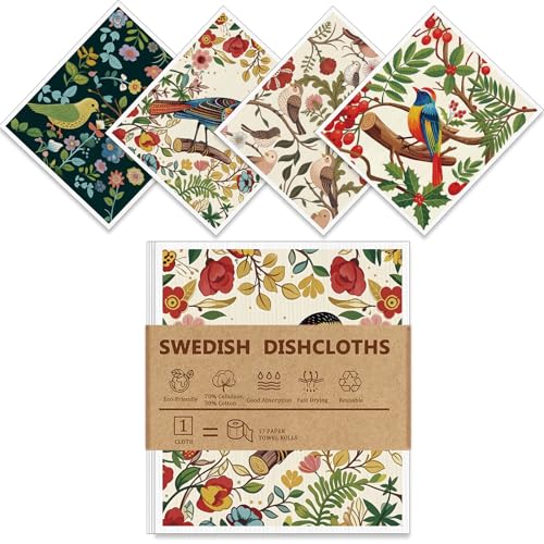 Swedish Dishcloths，Reusable Paper Towels for Kitchen, 4 Pack, Birds Flowers