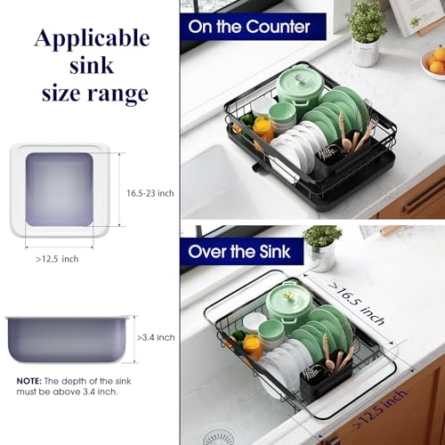 Kitsure Dish Drying Rack for Kitchen Counter, 12.2''W x 15.7''~23''L, Black - color: Black, size: 12.2''W x 15.7''~23''L - 1 Tier