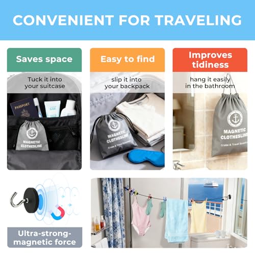 Magnetic Travel Clothesline - Cruise Ship Essentials & Must Haves 2026 - Stretches to 12ft Retractable Laundry Drying Line with Non-Scratch Magnetic Hooks, Positioning Beads & 12 Anti-Slip Clips