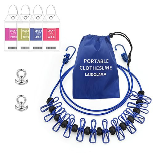 Magnetic Retractable Clothes Line for Cabin - Approved 2025 2026 Cruise Essentials Clothes Drying Rack Travel Clothesline with Clothespins -4 Luggage Tags Strong Magnets Hooks (Blue) - color: Blue