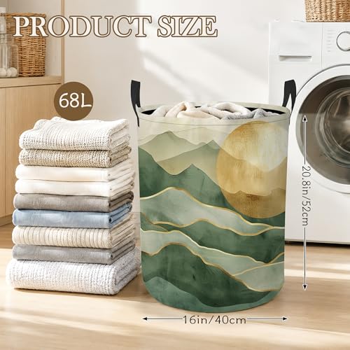 Laundry Hamper, Green Mountains Collapsible Golden Sun Laundry Baskets Waterproof Oxford Cloth With Handles, Clothes Storage Bucket For Bathroom/Bedroom 16" x 20.8" - color: Green Mountains