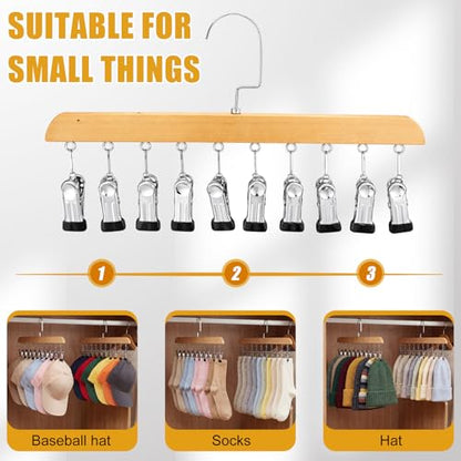 Novabright 2 Pcs Closet Organizers with 10 Clips Hat Pants Scarf Socks Hangers Wood Space Saving Rotating Hanging Hangers Clothespins with Padded Clips for Leggings Bra Tie Belt Jeans Skirt (Wood) - color: Wood