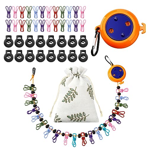 Windyun Portable Travel Clothesline Cord Adjustable 26ft Camping Clothes Line Laundry Drying Rope with 24 Colorful Windproof Clothespins 24 Stoppers 1 Storage Bag for Hotel Trip Cruise Outdoor Indoor