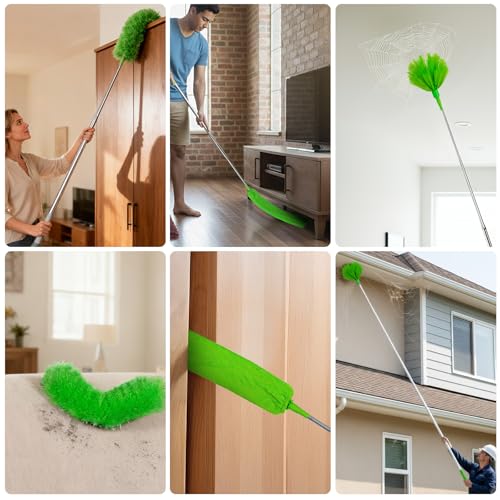 Cobweb Duster with Extension Pole, 3-in-1 Washable Cobweb Duster, Duster with 15-100-Inch Telescoping Pole, Bendable Design for high Ceiling, Fans, Blinds, Furniture