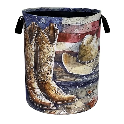 Cowboy Hat Boots American Flag Laundry Basket Oxford Cloth 18.9 x 16.5 Inch - color: Cowboy Hat Boots