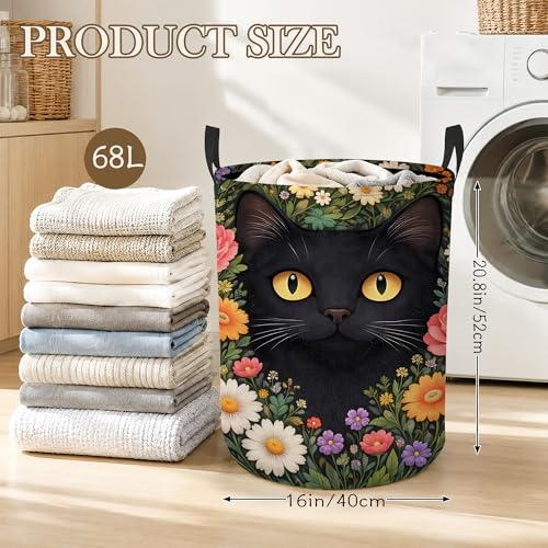 Black Cat Laundry Basket Oxford Cloth Flower Garden Laundry Hamper With Handle Foldable Portable Clothes Storage Basket Storage Bag For Laundry Room/Bathroom/Bedroom/Dormitory 20.8"x16" - color: Black Cat