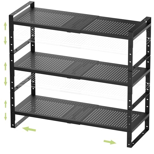 Jojocross Expandable Stackable Aadjustable Shoe Rack Pantry Shelf for Kitchen Cabinets Counter Shelves Countertop Cupboard Storage Solution,Sturdy Heavy-Duty Metal Construction(3Packs/Black/Medium) - color: 3Packs/Black, size: MEDIUM:8.1"D x 16.5"W x 7.8"