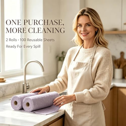 Jessy Home 2 Roll Reusable Paper Towels,100 Sheets Tear Away Microfiber Cleaning Cloth, Lint Free Cleaning Rags for Kitchen, Dishcloth,Household Cleaning Supplies - color: Light Purple