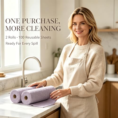 Jessy Home 2 Roll Reusable Paper Towels,100 Sheets Tear Away Microfiber Cleaning Cloth, Lint Free Cleaning Rags for Kitchen, Dishcloth,Household Cleaning Supplies - color: Light Purple