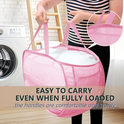 Collapsible Laundry Hamper Basket,Pop Up Mesh Foldable Bag for Laundry Room - color: Pink