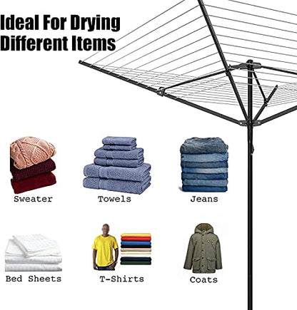 Nisorpa Outdoor Umbrella Drying Rack,12 Lines with 165 Feet Umbrella Clothesline Outdoor Dryer Clothes Line, 4 Arm Steel Frame Adjustable Height Retracting Collapsible Clothes Drying Rack for Backyard