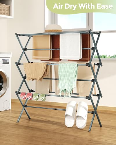 APEXCHASER 3-Tier Foldable Clothes Drying Rack, 37.6" H, Navy Blue - color: Navy Blue, size: 3-Tier