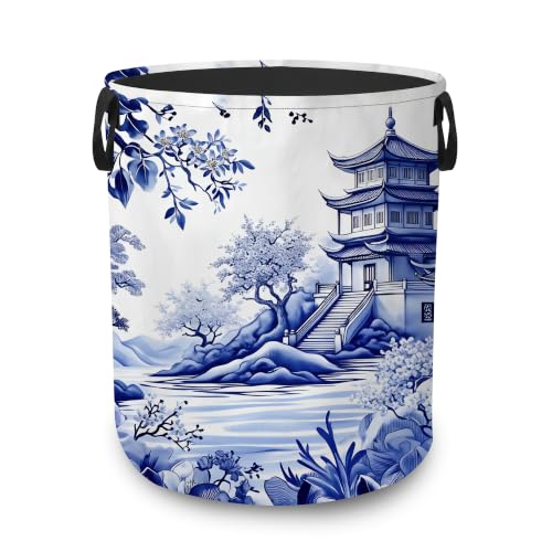 Chinoiserie Pagoda Dirty Clothes Hamper,Foldable Laundry Basket with Handles,Blue White Floral Waterproof Oxford Cloth Storage Bin for Bedroom Bathroom Nursery,16 x 20 Inch - color: Chinoiserie Pagoda,Blue White Floral
