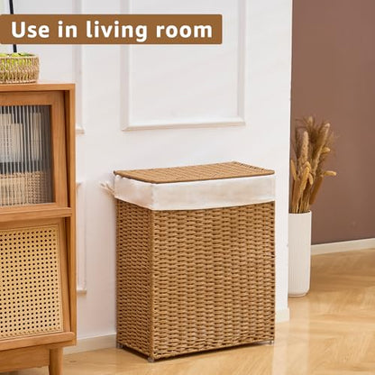 Slim Laundry Hamper with Lid, Handwoven Natural Water Hyacinth Basket - color: Brown, size: 75L