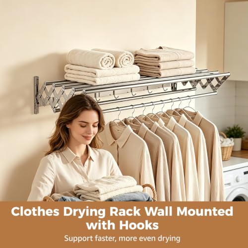 Clothes Drying Rack Wall Mounted with Hooks, 31.5 x 5.7 in Stainless Steel Accordion Collapsible Clothes Drying Rack with 4.7-13.8 in Extension, 7 Rods for Laundry Room Bathroom Balcony
