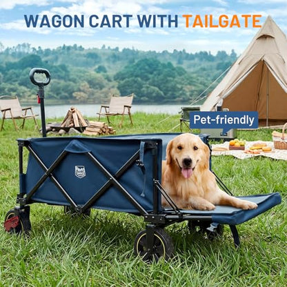 Timber Ridge 49" Extra Long Collapsible Folding Wagon with Tailgate&Brakes - color: Blue, size: 250L