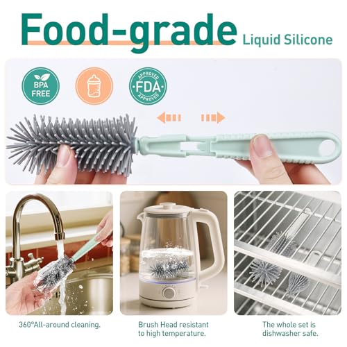 Travel Bottle Cleaner Kit, 6-in-1 Baby Bottle Brush Set with Silicone Brush - color: Green
