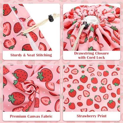 Canvas Laundry Bag with Shoulder Strap Drawstring, Strawberry, 23"W x 29"H - color: Strawberry