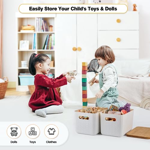 Ohmlove 4 Pack Storage Bins with Bamboo Lids,Stackable Box for Organization - color: White