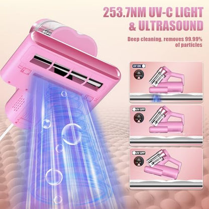 Teant Mattress Bed Vacuum Cleaner, 16 kPa Suction & 253.7nm UV-C, MV-Pink - color: Pink