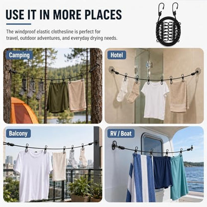Portable Clothesline with 12 Clips, Stretch Travel Drying Rope with Stainless Steel Hooks for Camping Indoor Use.(Black) - color: Black