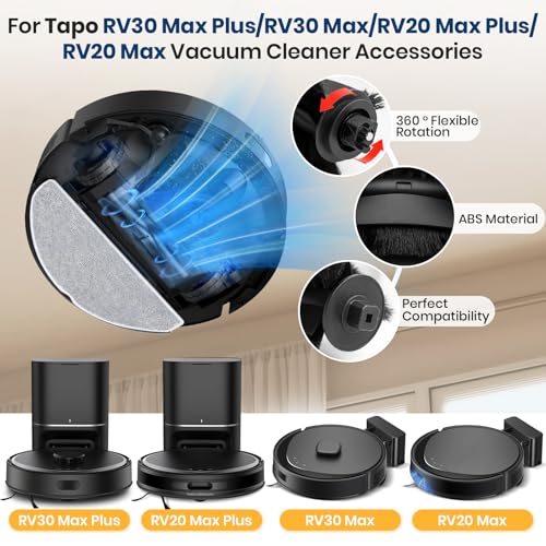RV20 Max Plus Replacement Parts for Tapo RV20 Max Plus/RV30 Max Plus/RV30/RV20 Robotic Vacuum Cleaner Parts with 1 Roller, 4 HEAP, 6 Mops, 6 Dust Bags, 6 Side Brushes,1 Clean Brush
