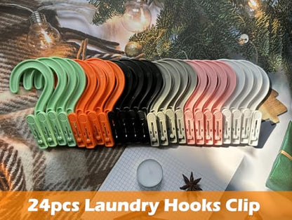 24pcs Laundry Hooks with Clips Super Strong Plastic Clothes Hangers Pins - color: Multicolor 24pcs