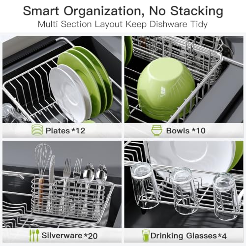 JASIWAY Stainless Steel Dish Drying Rack in Sink with Metal Utensil Holder - color: Silver, size: For 12"-30"w Sink, with Metal Utensil Holder