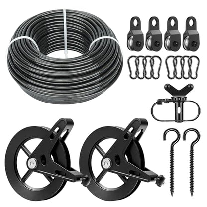 150ft Black Clothesline Pulley Kit with Aluminum Brake Pulleys - size: 150FT Black