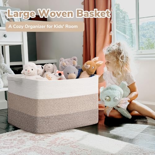 Goodpick Large Woven Blanket Basket 23.6" x 15.7" x 13.8" Cotton Rope Storage Organizer for Dirty Clothes Pillows, Soft Toy Storage Basket for Nursery Home Decor, White & Light Brown - color: Light Brown, size: X-Large(23.6"L x 15.7"W x 13.8"H)