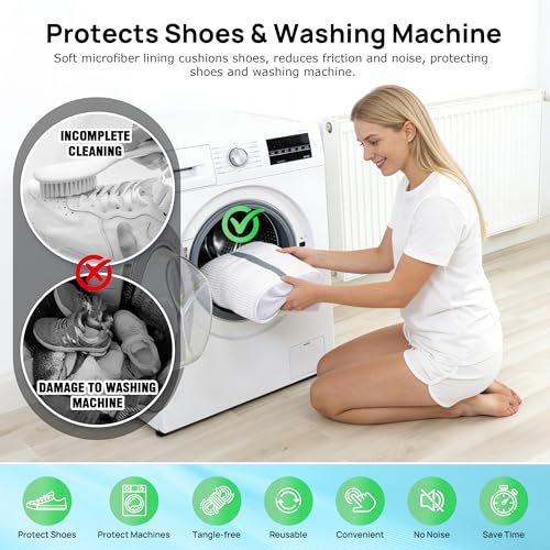 Upgraded Dual Compartment Design Shoe Bag for Washing Machine with Adjustable Shoes Trees& Sneaker Dryer Bag, 420g Heavy-Duty Shoe Washing Machine Bag, Clasp-Lock Zipper for Maximum Protection