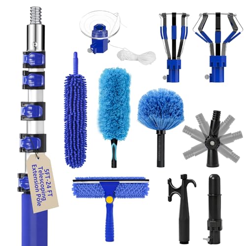 30FT High Ceilings Cobweb Dusters for Cleaning Kit with Extension Pole - color: Blue, size: 24 feet