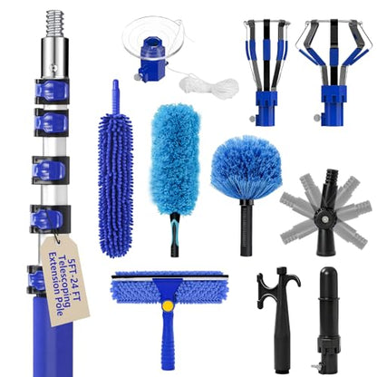 30FT High Ceilings Cobweb Dusters for Cleaning Kit with Extension Pole - color: Blue, size: 24 feet