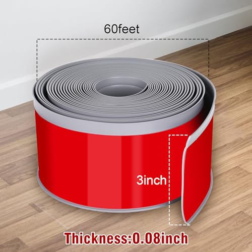 Vinyl Baseboard Molding Trim 3 Inch x 60 Feet Peel and Stick Baseboard Trim Flexible PVC Cove Base Moulding Self-Adhesive Trim for Garage Bathroom Cabinet Floor Walls, Gray - color: Gray, size: 3Inch x 60Ft