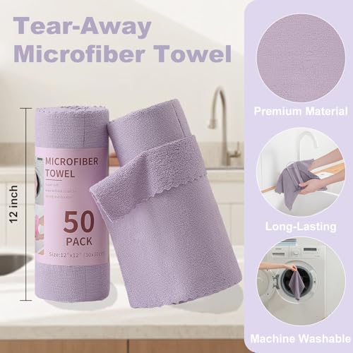 Jessy Home 2 Roll Reusable Paper Towels,100 Sheets Tear Away Microfiber Cleaning Cloth, Lint Free Cleaning Rags for Kitchen, Dishcloth,Household Cleaning Supplies - color: Light Purple