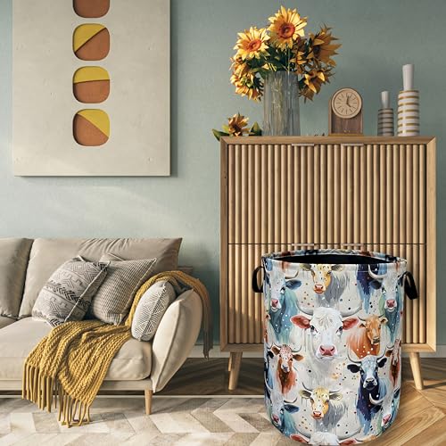 Watercolor Cows Laundry Basket Foldable Oxford Cloth Hamper 18.9"x16.5" - color: Watercolor Cows Animals Pattern