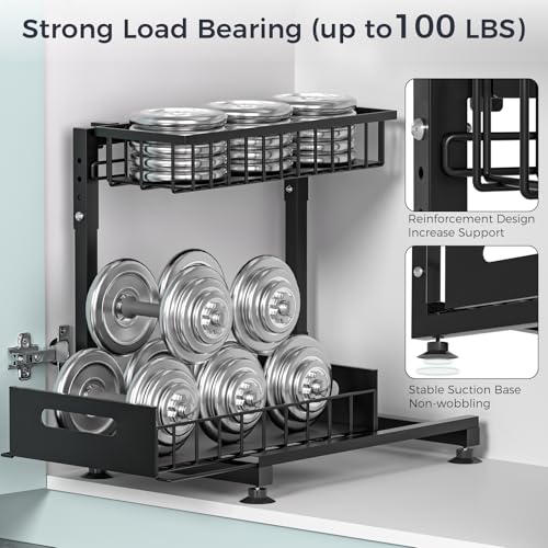 Saydear 2-Pack L-Shaped Under Sink Organizer, 2-Tier Pull-out Cabinet Rack - color: Black V2.0, size: 2 Pack