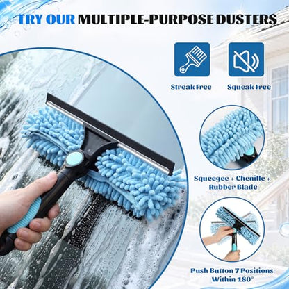 Boat Brush and Boat Hook with 12ft Telescoping Pole, 4 Piece Cleaning Kit with Replaceable Heads, 2-in-1 Window Squeegee & Cobweb Duster for Marine, Rv & High Reach Cleaning - size: 12ft