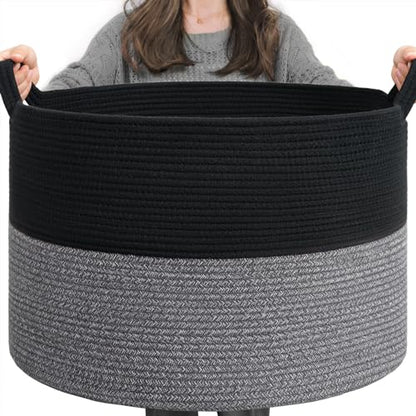 INDRESSME XXXLarge Woven Rope Blanket Basket Living Room Black Grey - color: Black & Grey, size: 21.7"D x 13.8"H