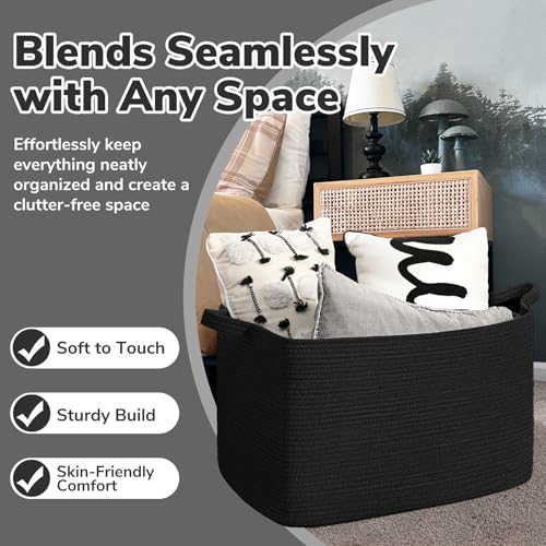 Goodpick Large Woven Rope Blanket Basket, Rectangle, Black, 75L - color: Black, size: Large(21.6"L x 14.9"W x 11.8"H)